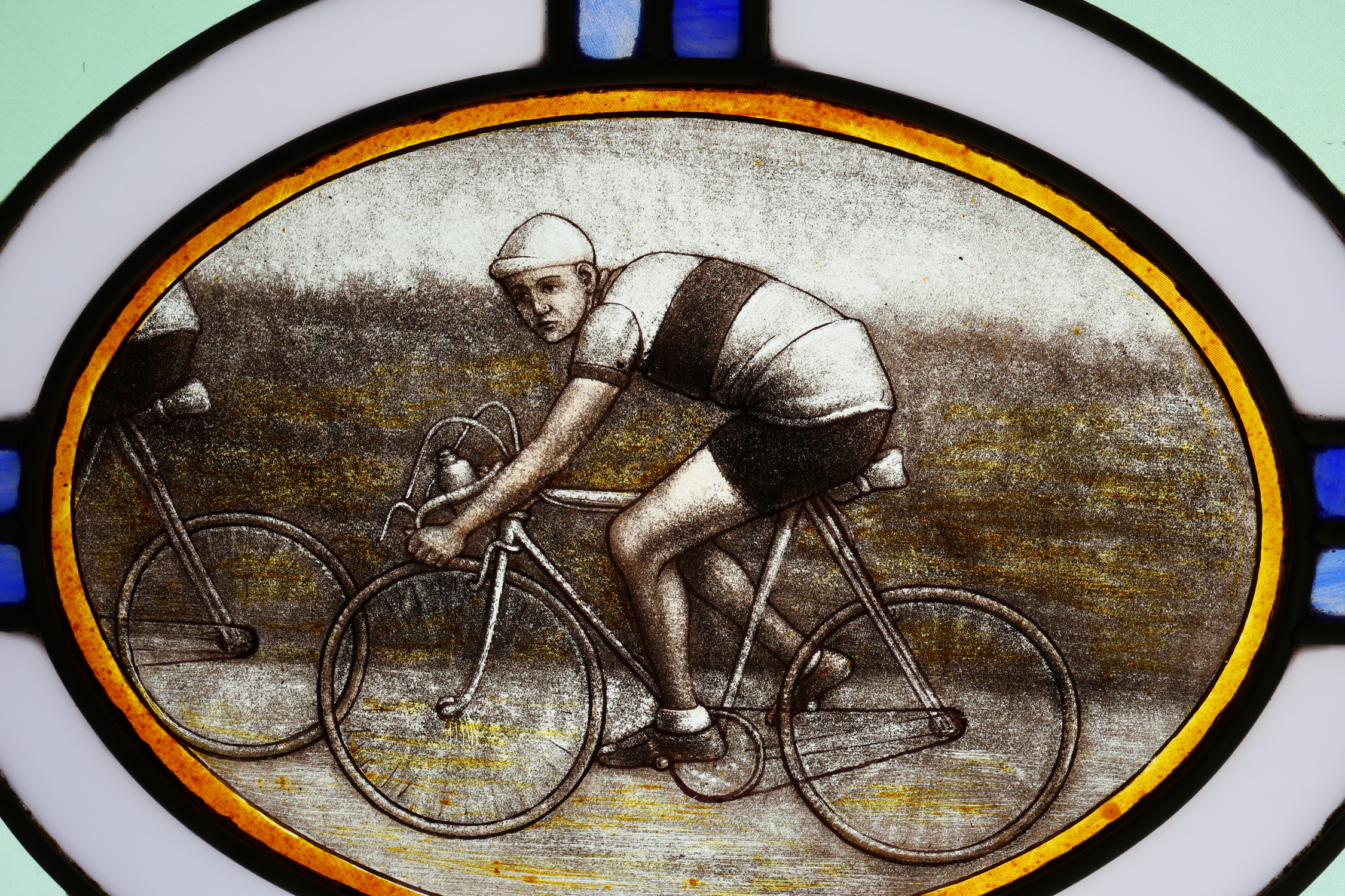 Art Deco Stained Glass Panel Depicting Cyclists in Motion, Belgium ca. 1910thumbnail